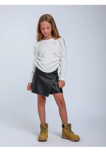 Kız Çocuk Fitilli Taş İşleme Yusufcuk Detaylı Bluz-14309 Ekru