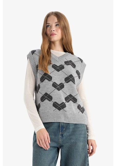 Defacto Coool Regular Fit V Yaka Desenli Süveter F9541ax25augr256 Gri