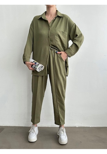 Kadın Oversize Keten Gömlek Pantolon Alt Üst Takım Haki