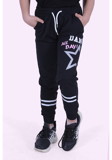 Yıldız Detaylı Yazı Baskılı Kız Çocuk Eşofman Altı Siyah