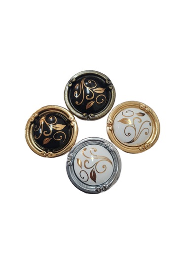Porselen Düğme Kulp Metal Gold Beyaz Desenli / 5 Adet Altın