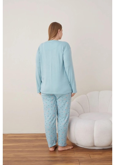 Lindros Kadın Pamuklu Düğme Yaka Raporlu İnterlok Battal Pijama Takımı 05108 - 1 Adet Yeşil