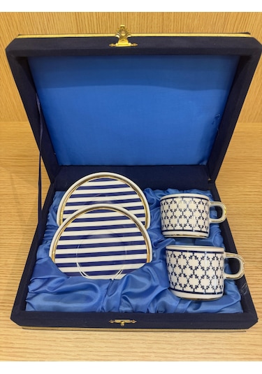 Güral Porselen Altın Yaldızlı El Dekoru 2 Kişilik Türk Kahve Fincan Takımı Mavi - Beyaz