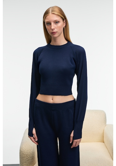 Grımelange Marıposa Kadın Yuvarlak Yaka Çizgi Desenli Crop Geniş Paça Triko Lacivert Alt-üst Takım Lacivert
