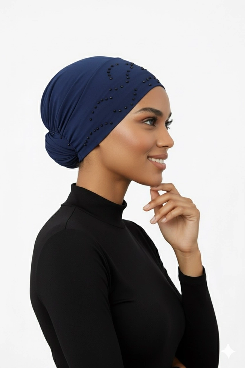 Topuzlu Lacivert Hazır Türban Tesettür Bone Lacivert