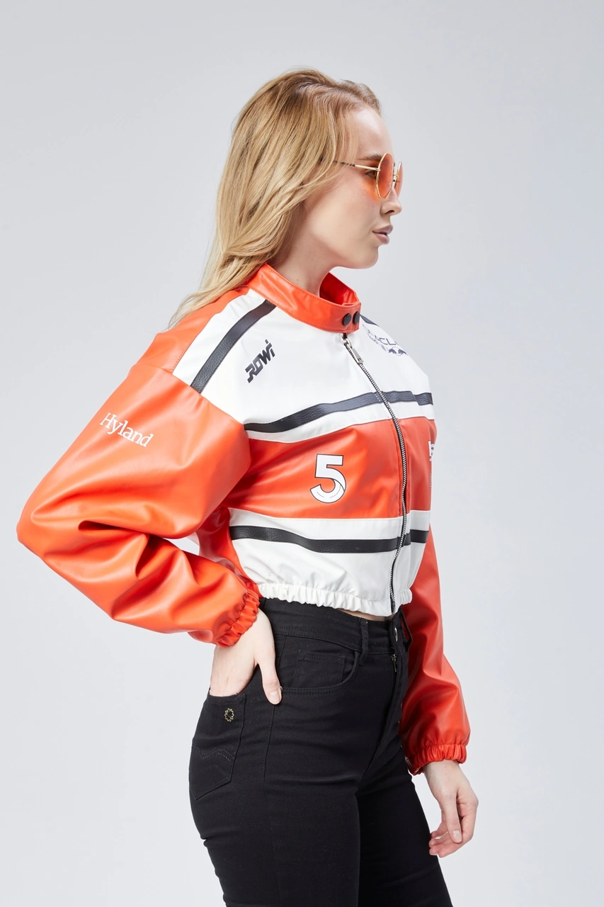 Kadın Deri Baskılı Şeritli Ceket Beli Ve Kolu Lastikli Kolej Hakim Yaka Bomber Yarışçı Motorcu Mont Oranj Kadın Deri Baskılı Şeritli Ceket Beli Ve Kolu Lastikli Kolej Hakim Yaka Bomber Yarışçı Motorcu Mont Oranj