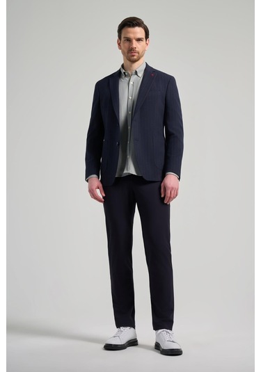 Çizgili Desen Gofreli Mono Yaka Esnek 6 Drop Slim Fit Ceket 1002250122 Koyu Lacivert