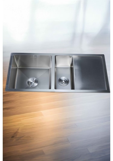 Naz Serisi %100 Krom 95x45 İki Göz Paslanmaz Mutfak Eviyesi, Mutfak Lavabosu Sifon Dahil Siyah
