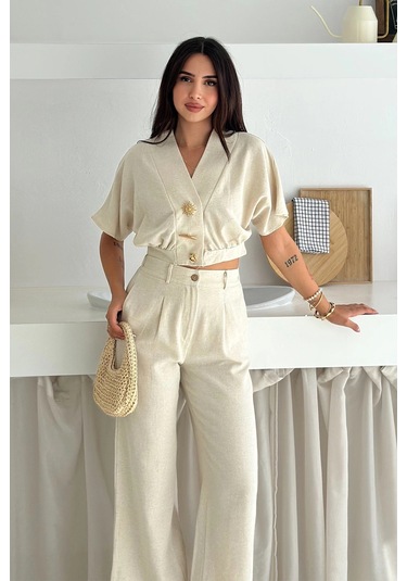 Düğme Detaylı İkili Takım Krem Krem