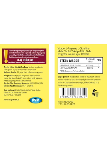 Vitapol L-Arginine L-Citrulline Malat 100 Tablet