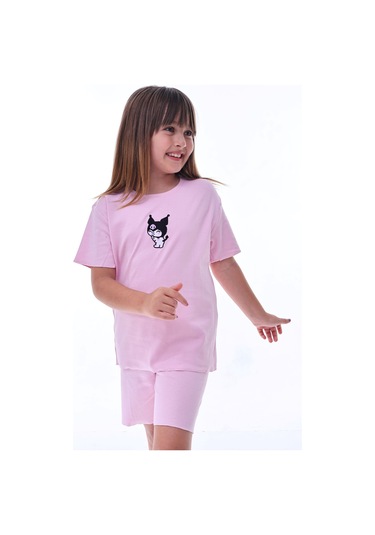 Ribana Beybi Overlok Detaylı Kuromi Nakışlı Alt-üst Takım Pembe