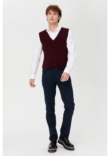 Erkek V Yaka İnce Triko Yelek Bordo Bordo