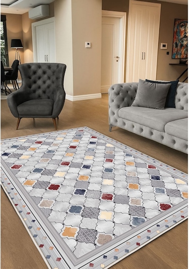 Gri Dijital Baskı Salon Halısı Kaymaz Tabanlı Yıkanabilir Halı Yolluk 520 Gri