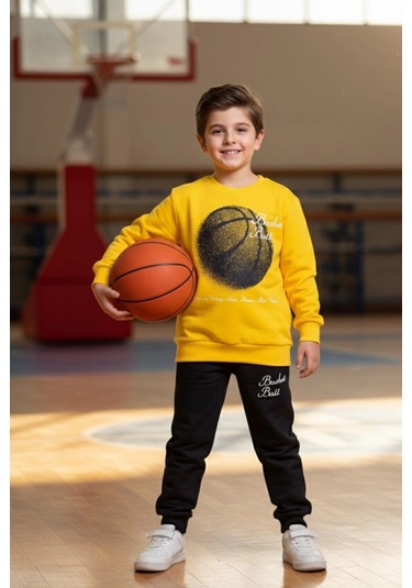 Basketball Yazı Desenli Sarı Renk Erkek Çocuk Eşofman Takımı Sarı