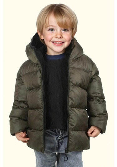 Erkek Çocuk Polarlı Kürklü Kapüşonlu Su Geçirmez Rüzgara Dayanıklı Şişme Kışlık Mont Kaban Haki