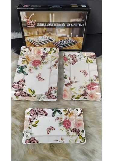 Dijital Baskılı 3'lü Dikdörtgen Kayık Tabak Çok Renkli