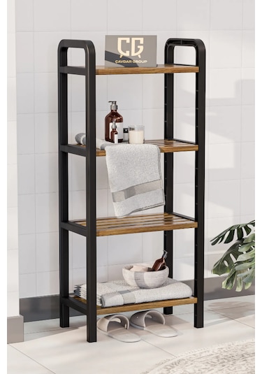 4 Katlı Ahşap Çubuklu 40 Cm Banyo Rafı, Banyo Düzenleyici Raf Ceviz