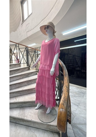 İtalyan 2 Beden Ince Gösteren Yarım Kol Kat Kat Ipek Elbise Pembe