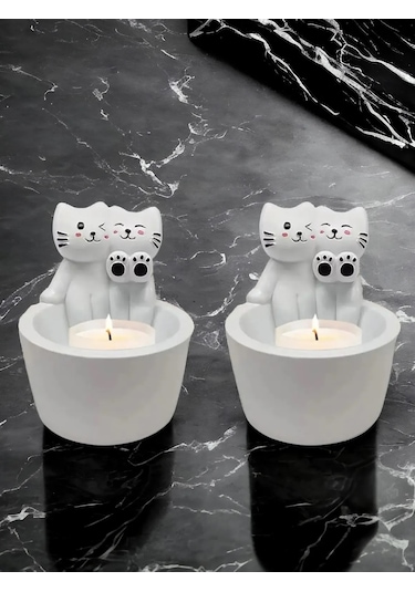2li Sevgili Kediler Mumluk Figür Alevde Isınan Temalı Dekorasyon