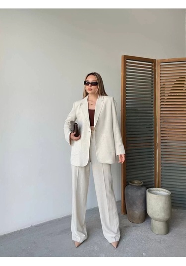 Keten Ceket Pantolon İlik Düğmeli Uzun Kollu Yırtmaçlı İkili Takım - Beyaz Beyaz