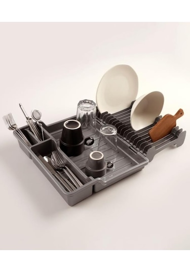 Flosoft Katlanır Bulaşıklık, Kaşıklık Bölmeli Tabaklık Kurutmalık Gri