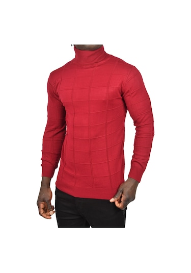 Deepsea Erkek Bordo Kare Desenli Balıkçı Yaka Slim Fit Boğazlı Triko Kazak 2505493 Bordo