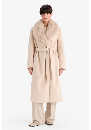 Defacto Regular Fit Suni Kürk Yaka Kuşaklı Kaşe Uzun Kaban F2811ax25wner128 Ekru-er128