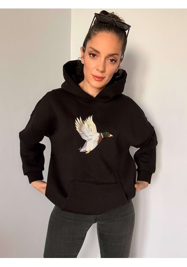 Ali Butik Siyah Önü Nakış İşleme Şardonlu Sweatshirt Siyah