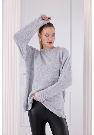 Bisiklet Yaka Oversize Basic Triko Kazak Gri