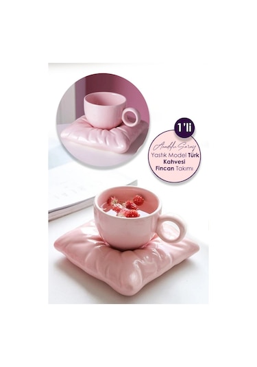 1 Adet El Yapımı Seramik Pembe Yastık Minder Model Handmade Türk Kahvesi Fincan Seti 90 ML