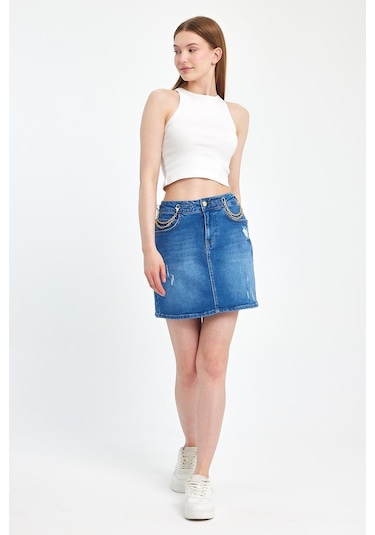 Explode - Kadın Mavi Likralı Yıpratmalı Mini Kot Etek-mavi Mavi