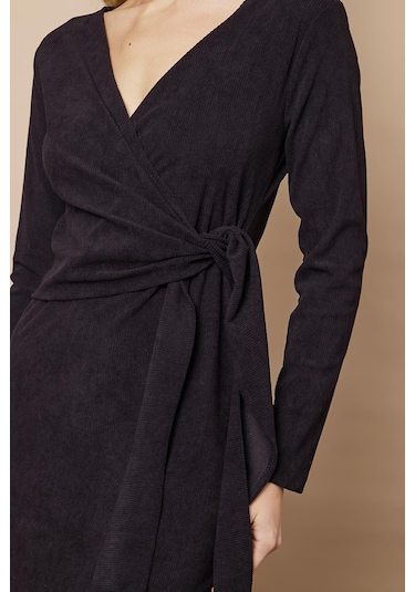 Kadın Kadife Kumaş Kruvaze Anvelop Bağcıklı Uzun Kol Diz Altı Elbise-siyah Siyah