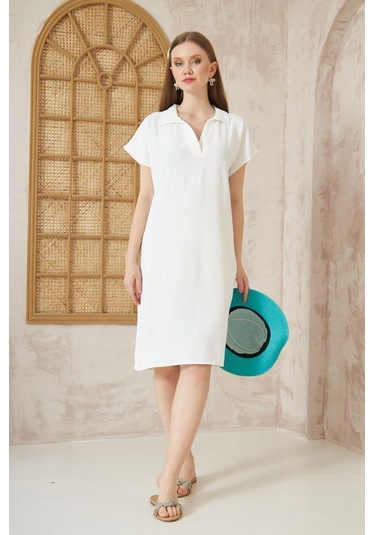 Kadın Bol Kesim Polo Yaka Kısa Kollu Günlük Kısa Midi Elbise Dizüstü 2883220 Taba