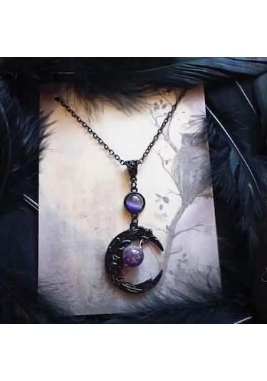 Dükkan Design Macig Moon Ametist Taşlı Gotik Kolye Siyah