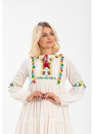 Uzun Kol Şile Bezi Iffet Uzun Elbise Krem