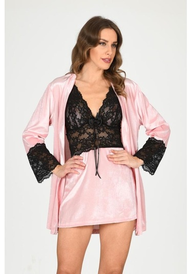 Sistina Bayan Dantelli Pudra Kadife Sabahlık Gecelik Takım 1446 Pudra