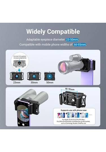 Wezone Apexel Teleskop Telefon Bağlayıcı Apl-f002x: 23-50mm Gözlük Çapı, 66-95mm Telefon Genişliği, Bluetooth Şerit, Siyah