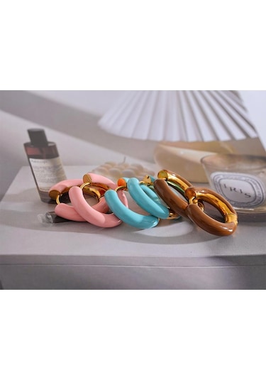 Pembe Eetit 20mm Şeker Renk Mavi Pembe Kahverengi Emaye Paslanmaz Çelik Içi Boş Hoop Küpeler Altın Basit Trendy Y2k Tatlı Takı Hediye Çok Renkli