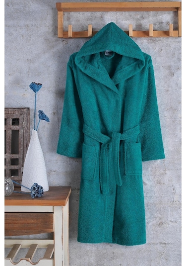 Zeynep Tekstil Pamuklu Kapşonlu Genç Bornoz Unisex Garson Boy Bornoz 153-99-1313 Yeşil
