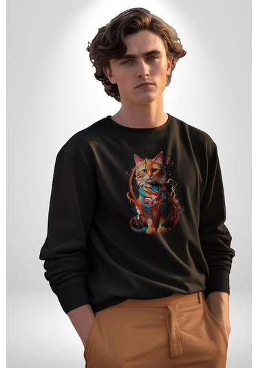 Renkli Yağlı Boya Kedi Unisex Siyah Baskılı Sweatshirt Siyah