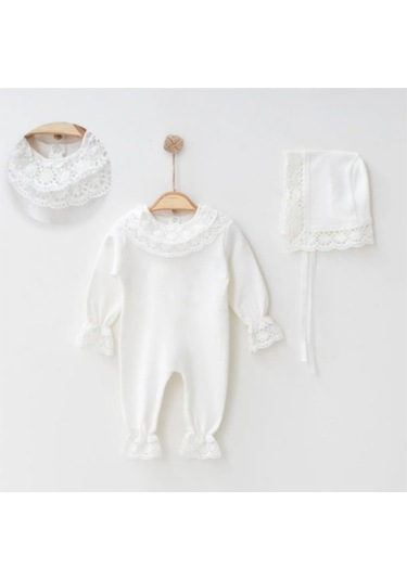 Nervür Ve Dantel Detaylı Pamuklu Tulum Ve Şapka Takım Kırık Beyaz