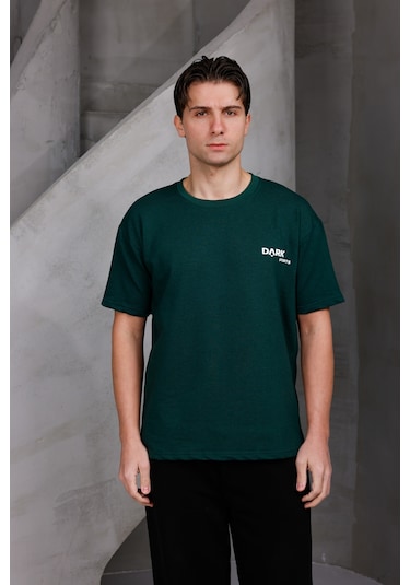 Erkek Baskılı Oversize Bisiklet Yaka 2 İki İplik Kompakt T-shirt Nefti