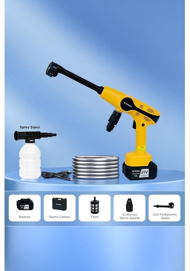 Torima D-015 Sarı Akülü Şarjlı Yüksek Basınçlı Oto Araba Bahçe Yıkama,temizleme Su Tabancası