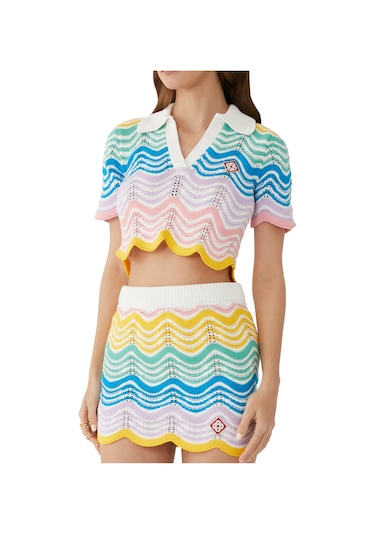 Casablanca Dalgalar Dantel Kısa Kol Cropped Polo Bluz Renkli