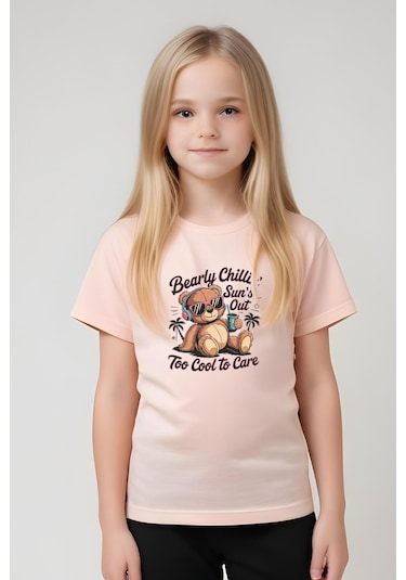 Fyk Kids Kız Çocuk Yuvarlak Yaka Baskılı Bearly Chillin Alt-üst Pijama Takımı Somon