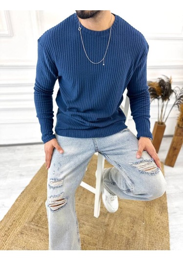 Uzun Kollu Tişört Fitilli Bisiklet Yaka Yumuşak Dokulu Tüylenmez Pamuklu Kazak Sweatshirt Lacivert