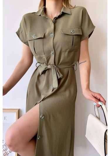 Kadın Haki Kısa Kol, Gömlek Yaka, Düz Desen, Çift Cepli, Aerobin Kumaş, Kuşaklı Maxi Elbise Haki
