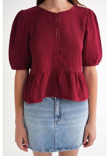 4713 Kadın Beli Büzgülü Kolu Lastikli Bol Müslin Bluz Bordo Bordo