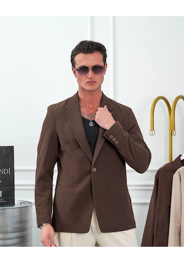 Modefendi Özel Seri %100 Gofre Kumaş İtalyan Kesim Modern Fit Ceket Kahverengi