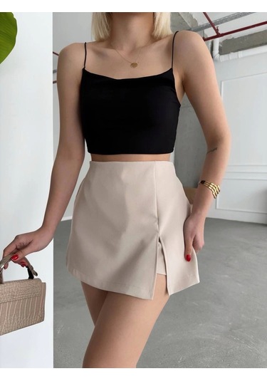 Tek Yırtmajlı Şort Etek Bej